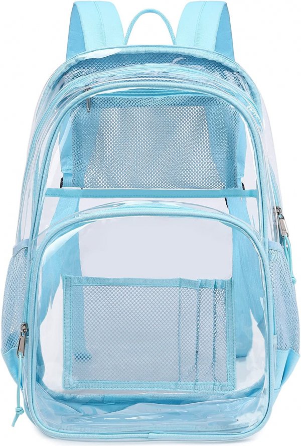 PVC school Backpack Waterproof durable See Through Bag Stadium Approved Clear Schoolbag Daypack Heavy Duty for travel Campus, Baby Blue