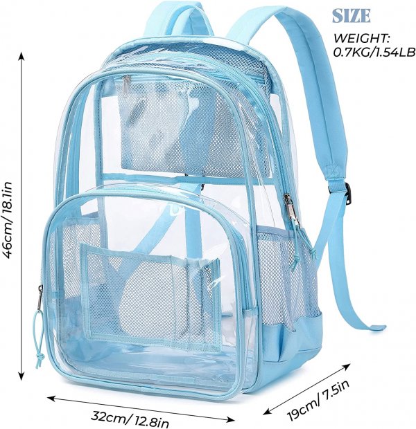 PVC school Backpack Waterproof durable See Through Bag Stadium Approved Clear Schoolbag Daypack Heavy Duty for travel Campus, Baby Blue