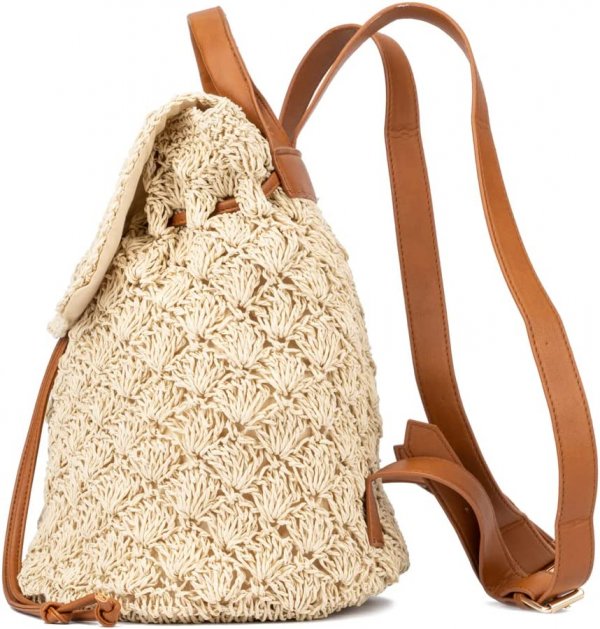 Women's Fashion, Natural Beige Crochet Woven Small Backpack