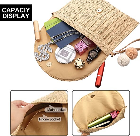 Straw Shoulder Bag Clutch Straw Crossbody Bag Beach Straw Handmade Bag Woven Rattan Bag for Women Envelope Wallet
